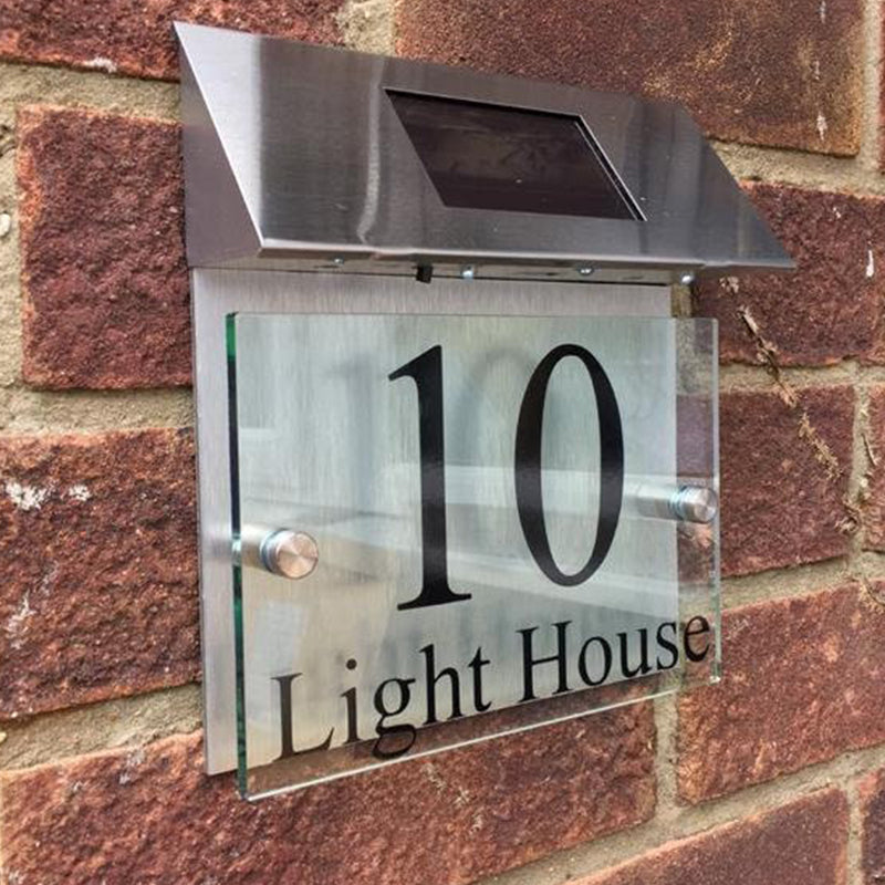 Modern House Sign plaque door number street glass aluminium effect led solar light